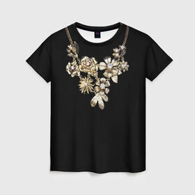 Женская футболка 3D с принтом Золотое ожерелье в Белгороде, 100% полиэфир ( синтетическое хлопкоподобное полотно) | прямой крой, круглый вырез горловины, длина до линии бедер | бриллианты | драгоценность | золото | золотые | лепестки | ожерелье | роза | цветы | цепь