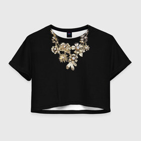 Женская футболка 3D укороченная с принтом Золотое ожерелье в Белгороде, 100% полиэстер | круглая горловина, длина футболки до линии талии, рукава с отворотами | бриллианты | драгоценность | золото | золотые | лепестки | ожерелье | роза | цветы | цепь