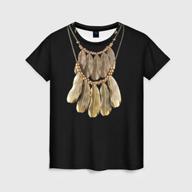 Женская футболка 3D с принтом Золотые перья в Белгороде, 100% полиэфир ( синтетическое хлопкоподобное полотно) | прямой крой, круглый вырез горловины, длина до линии бедер | бусы | драгоценность | золото | золотые перья | украшение | цепь