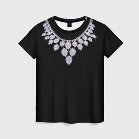 Женская футболка 3D с принтом Бриллиантовое ожерелье в Белгороде, 100% полиэфир ( синтетическое хлопкоподобное полотно) | прямой крой, круглый вырез горловины, длина до линии бедер | бриллианты | драгоценность | золотое ожерелье | камни | лепестки | цепь