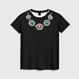 Женская футболка 3D с принтом Ожерелье в Белгороде, 100% полиэфир ( синтетическое хлопкоподобное полотно) | прямой крой, круглый вырез горловины, длина до линии бедер | Тематика изображения на принте: бриллианты | драгоценность | золото | золотое | камни | ожерелье | цепь