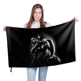 Флаг 3D с принтом Страсть в Белгороде, 100% полиэстер | плотность ткани — 95 г/м2, размер — 67 х 109 см. Принт наносится с одной стороны | в шею | девушка | любовь | парень | поцелуй | страсть | торс | фото | черно белое