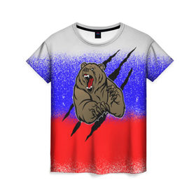 Женская футболка 3D с принтом Свирепый медведь в Белгороде, 100% полиэфир ( синтетическое хлопкоподобное полотно) | прямой крой, круглый вырез горловины, длина до линии бедер | русь