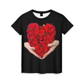 Женская футболка 3D с принтом Сердце в руках в Белгороде, 100% полиэфир ( синтетическое хлопкоподобное полотно) | прямой крой, круглый вырез горловины, длина до линии бедер | 8 марта | любовь | подарок | праздник | розы | руки | сердце