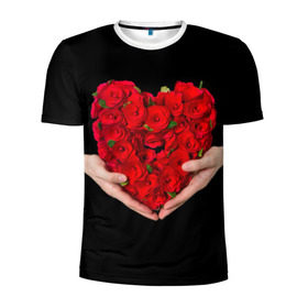 Мужская футболка 3D спортивная с принтом Сердце в руках в Белгороде, 100% полиэстер с улучшенными характеристиками | приталенный силуэт, круглая горловина, широкие плечи, сужается к линии бедра | 8 марта | любовь | подарок | праздник | розы | руки | сердце