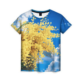 Женская футболка 3D с принтом Мимозы в Белгороде, 100% полиэфир ( синтетическое хлопкоподобное полотно) | прямой крой, круглый вырез горловины, длина до линии бедер | 8 марта | весна | мимозы | небо | облака | цветы