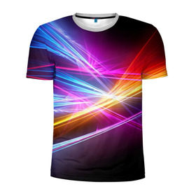 Мужская футболка 3D спортивная с принтом Лучи в Белгороде, 100% полиэстер с улучшенными характеристиками | приталенный силуэт, круглая горловина, широкие плечи, сужается к линии бедра | Тематика изображения на принте: кислотный | лучи | обстракция | радуга | свет | спектр | цвет | цвета | яркие