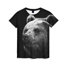 Женская футболка 3D с принтом Медведь в Белгороде, 100% полиэфир ( синтетическое хлопкоподобное полотно) | прямой крой, круглый вырез горловины, длина до линии бедер | бурый | дикий | животное | медведь | россия | символ | тайги | фото | хищник | хозяин | черно белое