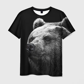 Мужская футболка 3D с принтом Медведь в Белгороде, 100% полиэфир | прямой крой, круглый вырез горловины, длина до линии бедер | бурый | дикий | животное | медведь | россия | символ | тайги | фото | хищник | хозяин | черно белое