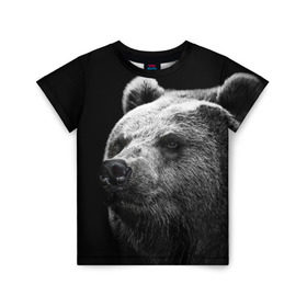 Детская футболка 3D с принтом Медведь в Белгороде, 100% гипоаллергенный полиэфир | прямой крой, круглый вырез горловины, длина до линии бедер, чуть спущенное плечо, ткань немного тянется | Тематика изображения на принте: бурый | дикий | животное | медведь | россия | символ | тайги | фото | хищник | хозяин | черно белое
