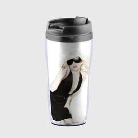 Термокружка-непроливайка с принтом Lady Gaga в Белгороде, внутренняя часть — пищевой пластик, наружная часть — прозрачный пластик, между ними — полиграфическая вставка с рисунком | объем — 350 мл, герметичная крышка | Тематика изображения на принте: lady gaga | блондинка | звезда | знаменитость | леди гаага | певица | поп | эпатаж | эпатажная
