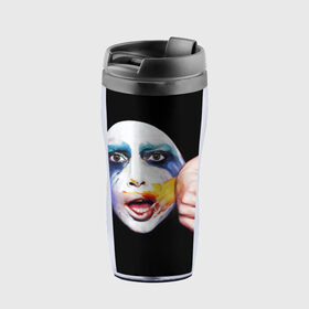Термокружка-непроливайка с принтом Lady Gaga в Белгороде, внутренняя часть — пищевой пластик, наружная часть — прозрачный пластик, между ними — полиграфическая вставка с рисунком | объем — 350 мл, герметичная крышка | lady gaga | взгляд | звезда | знаменитость | леди гаага | певица | поп | портрет | эпатаж | эпатажная