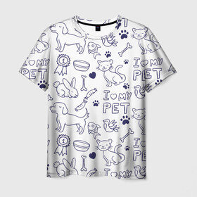Мужская футболка 3D с принтом Я люблю своих питомцев в Белгороде, 100% полиэфир | прямой крой, круглый вырез горловины, длина до линии бедер | Тематика изображения на принте: животные | коты | любовь | собаки