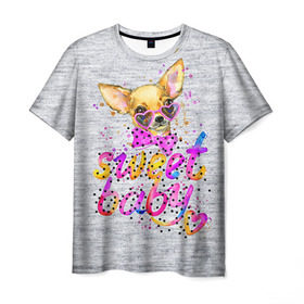 Мужская футболка 3D с принтом милая Чихуахуа в Белгороде, 100% полиэфир | прямой крой, круглый вырез горловины, длина до линии бедер | baby | dog | sweet | девушке | собачка | чихуахуа