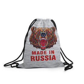 Рюкзак-мешок 3D с принтом made in Russia в Белгороде, 100% полиэстер | плотность ткани — 200 г/м2, размер — 35 х 45 см; лямки — толстые шнурки, застежка на шнуровке, без карманов и подкладки | bear | made | made in russia | russia | злой | медведь | пасть | русский | я | я русский
