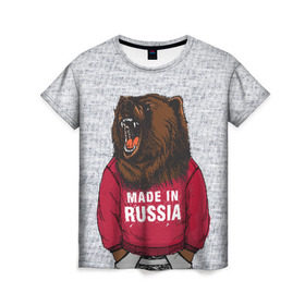 Женская футболка 3D с принтом made in Russia в Белгороде, 100% полиэфир ( синтетическое хлопкоподобное полотно) | прямой крой, круглый вырез горловины, длина до линии бедер | bear | made | made in russia | russia | злой | медведь | пасть | русский | я | я русский