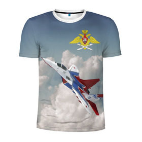 Мужская футболка 3D спортивная с принтом Самолёт в Белгороде, 100% полиэстер с улучшенными характеристиками | приталенный силуэт, круглая горловина, широкие плечи, сужается к линии бедра | Тематика изображения на принте: авиация | ввс | ввс россии | небо | самолёт