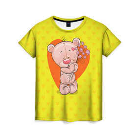 Женская футболка 3D с принтом Мишка с цветочками в Белгороде, 100% полиэфир ( синтетическое хлопкоподобное полотно) | прямой крой, круглый вырез горловины, длина до линии бедер | 8марта | весна | девушкам | милый | мишка | подарок | цветок