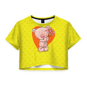 Женская футболка 3D укороченная с принтом Мишка с цветочками в Белгороде, 100% полиэстер | круглая горловина, длина футболки до линии талии, рукава с отворотами | 8марта | весна | девушкам | милый | мишка | подарок | цветок