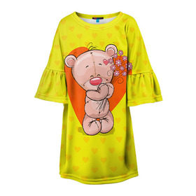 Детское платье 3D с принтом Мишка с цветочками в Белгороде, 100% полиэстер | прямой силуэт, чуть расширенный к низу. Круглая горловина, на рукавах — воланы | 8марта | весна | девушкам | милый | мишка | подарок | цветок