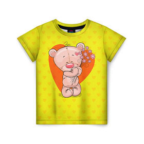 Детская футболка 3D с принтом Мишка с цветочками в Белгороде, 100% гипоаллергенный полиэфир | прямой крой, круглый вырез горловины, длина до линии бедер, чуть спущенное плечо, ткань немного тянется | Тематика изображения на принте: 8марта | весна | девушкам | милый | мишка | подарок | цветок