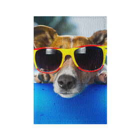 Обложка для паспорта матовая кожа с принтом Пес в очках в Белгороде, натуральная матовая кожа | размер 19,3 х 13,7 см; прозрачные пластиковые крепления | Тематика изображения на принте: отдых | очки | пес | собака | щенок