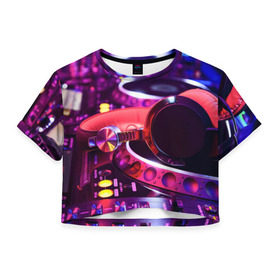 Женская футболка 3D укороченная с принтом DJ Mix в Белгороде, 100% полиэстер | круглая горловина, длина футболки до линии талии, рукава с отворотами | deejay | dj | диджей | музыка | наушники | пульт