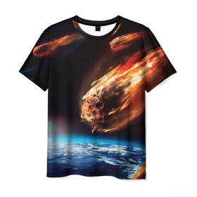 Мужская футболка 3D с принтом Метеориты в Белгороде, 100% полиэфир | прямой крой, круглый вырез горловины, длина до линии бедер | астероид | земля | космос | метеор | планета