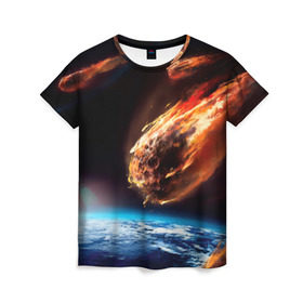Женская футболка 3D с принтом Метеориты в Белгороде, 100% полиэфир ( синтетическое хлопкоподобное полотно) | прямой крой, круглый вырез горловины, длина до линии бедер | астероид | земля | космос | метеор | планета