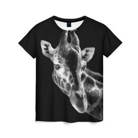 Женская футболка 3D с принтом Жираф в Белгороде, 100% полиэфир ( синтетическое хлопкоподобное полотно) | прямой крой, круглый вырез горловины, длина до линии бедер | Тематика изображения на принте: африка | животное | жираф | фон | фото | черно белое | черный