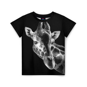 Детская футболка 3D с принтом Жираф в Белгороде, 100% гипоаллергенный полиэфир | прямой крой, круглый вырез горловины, длина до линии бедер, чуть спущенное плечо, ткань немного тянется | Тематика изображения на принте: африка | животное | жираф | фон | фото | черно белое | черный