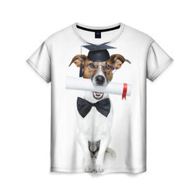 Женская футболка 3D с принтом Собака выпускник в Белгороде, 100% полиэфир ( синтетическое хлопкоподобное полотно) | прямой крой, круглый вырез горловины, длина до линии бедер | бабочка | галстук | диплом | магистр | пес