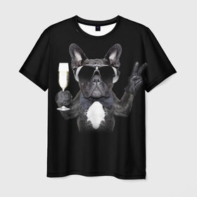 Мужская футболка 3D с принтом Бульдог в очках в Белгороде, 100% полиэфир | прямой крой, круглый вырез горловины, длина до линии бедер | Тематика изображения на принте: бульдог | в очках | знак | очки | перчатка | победа | французский | фужер