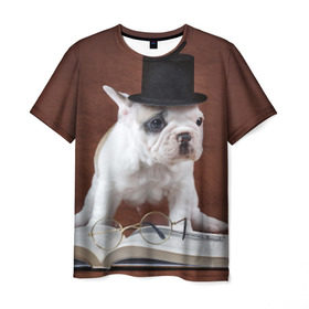 Мужская футболка 3D с принтом Бульдог в цилиндре в Белгороде, 100% полиэфир | прямой крой, круглый вырез горловины, длина до линии бедер | бульдог в цилиндре | домашнее | животное | книга французский | очки | пес | прикол | собака | умный | ученый