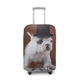 Чехол для чемодана 3D с принтом Бульдог в цилиндре в Белгороде, 86% полиэфир, 14% спандекс | двустороннее нанесение принта, прорези для ручек и колес | бульдог в цилиндре | домашнее | животное | книга французский | очки | пес | прикол | собака | умный | ученый