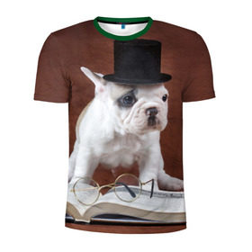 Мужская футболка 3D спортивная с принтом Бульдог в цилиндре в Белгороде, 100% полиэстер с улучшенными характеристиками | приталенный силуэт, круглая горловина, широкие плечи, сужается к линии бедра | бульдог в цилиндре | домашнее | животное | книга французский | очки | пес | прикол | собака | умный | ученый