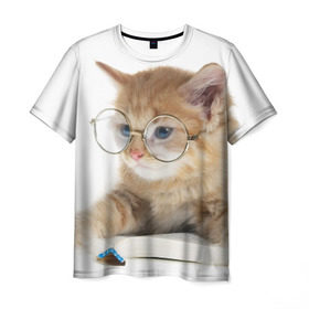 Мужская футболка 3D с принтом Кот в очках в Белгороде, 100% полиэфир | прямой крой, круглый вырез горловины, длина до линии бедер | домашнее | животное | книга | кот | кот в очках | котэ | очки | прикол | умный | ученый | читает