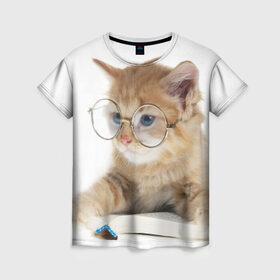 Женская футболка 3D с принтом Кот в очках в Белгороде, 100% полиэфир ( синтетическое хлопкоподобное полотно) | прямой крой, круглый вырез горловины, длина до линии бедер | домашнее | животное | книга | кот | кот в очках | котэ | очки | прикол | умный | ученый | читает