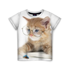 Детская футболка 3D с принтом Кот в очках в Белгороде, 100% гипоаллергенный полиэфир | прямой крой, круглый вырез горловины, длина до линии бедер, чуть спущенное плечо, ткань немного тянется | домашнее | животное | книга | кот | кот в очках | котэ | очки | прикол | умный | ученый | читает