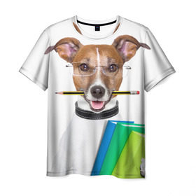 Мужская футболка 3D с принтом Ученый пес в Белгороде, 100% полиэфир | прямой крой, круглый вырез горловины, длина до линии бедер | домашнее | животное | карандаш | книги | очки | ошейник | пес | прикол | собака в очках | умный | ученый
