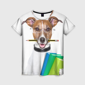 Женская футболка 3D с принтом Ученый пес в Белгороде, 100% полиэфир ( синтетическое хлопкоподобное полотно) | прямой крой, круглый вырез горловины, длина до линии бедер | домашнее | животное | карандаш | книги | очки | ошейник | пес | прикол | собака в очках | умный | ученый