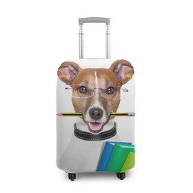 Чехол для чемодана 3D с принтом Ученый пес в Белгороде, 86% полиэфир, 14% спандекс | двустороннее нанесение принта, прорези для ручек и колес | домашнее | животное | карандаш | книги | очки | ошейник | пес | прикол | собака в очках | умный | ученый
