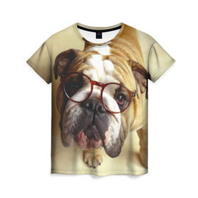 Женская футболка 3D с принтом Бульдог в очках в Белгороде, 100% полиэфир ( синтетическое хлопкоподобное полотно) | прямой крой, круглый вырез горловины, длина до линии бедер | бульдог в очках | домашнее | животное | очки | пес | прикол | собака | умный | ученый