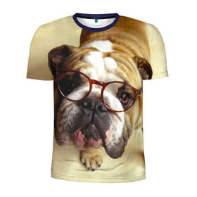 Мужская футболка 3D спортивная с принтом Бульдог в очках в Белгороде, 100% полиэстер с улучшенными характеристиками | приталенный силуэт, круглая горловина, широкие плечи, сужается к линии бедра | бульдог в очках | домашнее | животное | очки | пес | прикол | собака | умный | ученый