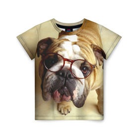 Детская футболка 3D с принтом Бульдог в очках в Белгороде, 100% гипоаллергенный полиэфир | прямой крой, круглый вырез горловины, длина до линии бедер, чуть спущенное плечо, ткань немного тянется | бульдог в очках | домашнее | животное | очки | пес | прикол | собака | умный | ученый