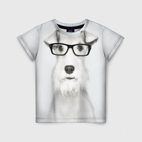 Детская футболка 3D с принтом Собака в очках в Белгороде, 100% гипоаллергенный полиэфир | прямой крой, круглый вырез горловины, длина до линии бедер, чуть спущенное плечо, ткань немного тянется | Тематика изображения на принте: белый | домашнее | животное | очки | пес | прикол | собака в очках | умный | ученый | эрдельтерьер