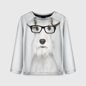 Детский лонгслив 3D с принтом Собака в очках в Белгороде, 100% полиэстер | длинные рукава, круглый вырез горловины, полуприлегающий силуэт
 | Тематика изображения на принте: белый | домашнее | животное | очки | пес | прикол | собака в очках | умный | ученый | эрдельтерьер