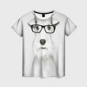 Женская футболка 3D с принтом Собака в очках в Белгороде, 100% полиэфир ( синтетическое хлопкоподобное полотно) | прямой крой, круглый вырез горловины, длина до линии бедер | белый | домашнее | животное | очки | пес | прикол | собака в очках | умный | ученый | эрдельтерьер