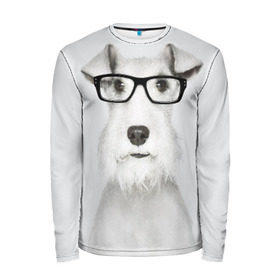 Мужской лонгслив 3D с принтом Собака в очках в Белгороде, 100% полиэстер | длинные рукава, круглый вырез горловины, полуприлегающий силуэт | белый | домашнее | животное | очки | пес | прикол | собака в очках | умный | ученый | эрдельтерьер