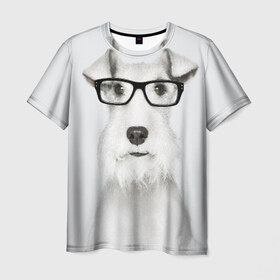 Мужская футболка 3D с принтом Собака в очках в Белгороде, 100% полиэфир | прямой крой, круглый вырез горловины, длина до линии бедер | белый | домашнее | животное | очки | пес | прикол | собака в очках | умный | ученый | эрдельтерьер